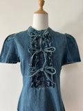KYLETHOMASW  -  Denim Dress for Women Stand Collar Bow Bubble Short Sleeve Dresses Blue A-line Korean Fashion Retro Mini Skirts Female Clothes