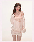 KYLETHOMASW  -  Blush Pink Two Piece Outfit Off Shoulder Cowl Neck Ribbed Knit Mini Dress with Sequin Cami Top Layered Co-ord Set Sweet Sexy Hot