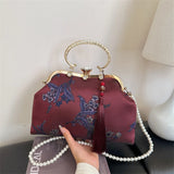 KYLETHOMASW  -  Handbag with Floral Print Gold Ring Handle with Rhinestones & Pearl Chain Tassel Decor Women's Evening Clutch Purse