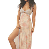 KYLETHOMASW  -  Women Long Bodycon Dress Floral Print Lace Patchwork Cutout V-Neck Sleeveless Dress Summer Slit Backless Party Dress