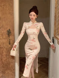 KYLETHOMASW  -  Vintage Dresses Women Floral Printed Stand Collar Long Sleeve Hollow Out Slim Split Elegant Dress Ladies Stylish