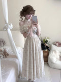 KYLETHOMASW  -  Japanese Kawaii Sweet Halter Neck Off Shoulder Floral Print Chiffon Lace Ruffle Bow Maxi Dress For Women Girls Daily Party Wear