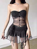 KYLETHOMASW  -  Plaid Strapless Perspective Mesh Crop Tops Black Sexy Girl A-line Mini Skirt Chic Two Piece Sets Womens Outifits Summer