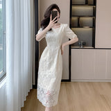 Kylethomasw Summer White Lace Hook Flower Hollow Midi Dress Women Fashion Chic Luxury Party Evening Dress 2024 Korean Vintage Festival Dress