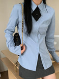 Kylethomasw Harajuku Blue Shirts for Women Slim Button Up Blouse with Tie Spring Summer Preppy Style Long Sleeve Uniform Clothes New