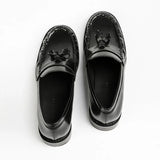 KYLETHOMASW  -  Black Patent Leather Chunky Heel Loafers Fashion Pleated Fringe Sewing Designer Shoes Comfortable Soft Leather Zapatos De Mujer