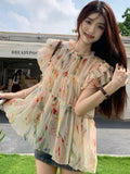 KYLTHOMASW  -   Y2k Floral Print Chiffon Blouse Women Flying Sleeve Perspective Fairycore Pleated Shirts Summer Fashion Aesthetic Tops