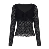 KYLETHOMASW  -  French Lace Patchwork V Neck Long Sleeve Slim Solid Y2k Streetwear Knitted T-Shirts