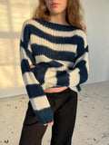 Kylethomasw   -  Stripe Loose Lazy Knitting Sweater Female Versatile Long Sleeves Pullover Sweater Casual Womens Autumn Winter Outwear Top