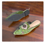 KYLETHOMASW  -  Embroidery Velour Shoes Woman Strange Heel Slippers Design Mules Femme Pointed Toe Wedges Tacones Slides Slip On Pantuflas Mujer