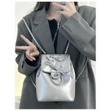 KYLETHOMASW  -  Harajuku Blue Mochila Women 2025 Vintage Leather Chain Bow Mini Backpacks Hot Girls Retro Fashionable Backpack Aesthetic