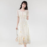 KYLETHOMASW  -  French Elegant Vintage High End Evening Dress Women Lace Print Square Collar Long Dress Summer Casual Chic Design Clothing