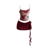 KYLETHOMASW  -  Women Y2K Two Piece Set Butterfly Print Tube Top and Knitted Side Tie Mini Skirt Slim Fit Suit Sexy Club Summer Street Outfit