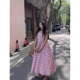 KYLETHOMASW  -  Pink Checkered Sleeveless Dress Women Summer 2025 New Vacation Style Cinched Waist Slimming Round Neck Vest Dresses
