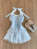 KYLETHOMASW  -  French Sweet Elegant 2 Piece Set Y2k Women Polka Dot Bow Halter Tops + Mini Skirt Female Sexy Cute Lace Party Outfits New Summer
