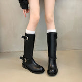 KYLETHOMASW  -  Winter Belt Buckle Women Knight High Boots Thick Heel Shoes Female Vintage Slip On Slim Long Booties Zapatos De Muje