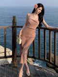 KYLETHOMASW  -  New Women Midi Dress Summer Spaghetti Strap Solid Pleated Sexy Bodycon Elegant Party Slim One Piece Clothes Vestidos