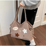 KYLETHOMASW  -  Women Cute Plaid Canvas Tote Bag Star Patch Shoulder Handbag Large Capacity Casual Student Shopping Bag Side Drawstring Design