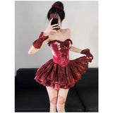 KYLETHOMASW  -  Sweet Hot Girl Pure Sexy Suit Women's Autumn Bow Strapless Top High Waist A-line Skirt with Sleeve Two-piece Set Female Clothes