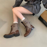 KYLETHOMASW  -  Fashion Design Narrow Band Lace-up Women Knee-High Boots Vintage Spring Autumn Round Toe Square Low Heels Shoes