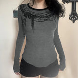 KYLETHOMASW  -  Fashionable dark chain print contrasting round neck long sleeved simple grey slim fit slimming front shoulder top