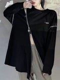 Kylethomasw Off Shoulder Zipper T-shirts Women Streetwear Zip Up Long Sleeve Loose Tee Design Harajuku Hip Hop 0-neck Grunge Clothes