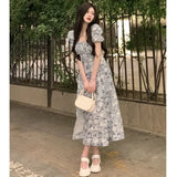 KYLETHOMASW  -  Women Summer Fashion Floral Print Square Collar Lace-up Elegant Party Dresses Sweet Chic Short Sleeve Slim Fairy Midi Dress Robe