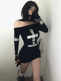 KYLETHOMASW  -  Street Punk Print Black Dress for Women Sexy Off Shoulder Long Sleeve Vestidos Mujer Spring New Slim Fit Bodycon Dresses