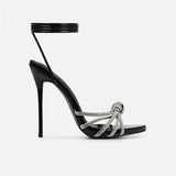KYLETHOMASW  -  Summer Black High Heels Sandals Women Fashion Peep Toe Crystal Narrow Band Stiletto Pumps Ankle Lace Up Party Dress Shoes