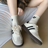 KYLETHOMASW  -  Women Genuine Leather Sneakers Round Toe Flats Mixed Colors Sewing Ladies Fashion Lace-up Shoes Spring Autumn Grey White new