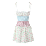 KYLETHOMASW  -  Holiday Women Contrast Color Floral Print Bow Lacing up Sling Dress Splice Lace Slash Collar Drawstring Low Waist Mini Robe