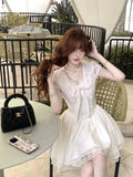KYLETHOMASW  -  Summer French Elegant Sweet Princess Dress Women's Short-sleeve Round Neck Lace Bow Mini Party Dress Chic Fashionable Clothing