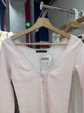 KYLETHOMASW  -  Lace Trim Pink Long Sleeve T-shirt Spring Sexy Bandage V-neck Cotton Slim Tshirt Top Casual Simple Sweet Cute Woman's Tees New