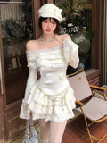 KYLETHOMASW  -  Y2k Mini Cake Skirts Vintage Elegant Suit Korean Fashion Lolita Style Skirt Sets Women Flower Lace Slash Neck Knitted Sweater