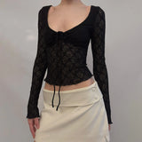 KYLETHOMASW  -  French Lace Patchwork V Neck Long Sleeve Slim Solid Y2k Streetwear Knitted T-Shirts