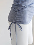 KYLETHOMASW  -  French Blue Striped Drawstring Strap Shirt for Women Summer Outfit Sweet GirlI Irregular Slim Fit Sleeveless Blouses Women Tops