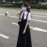 KYLETHOMASW  -  College Style Korean Style Loose Waist-hugging Slim Suspender Dress for Female Students Japanese Mid-length Strap Skirt Suit