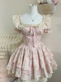 KYLETHOMASW  -  Vintage Lace Patchwork Square Collar Print Dress Women Y2k Aesthetic Puff Sleeve Fairy Dresses Kawaii Girl Ruffled Mini Vestidos