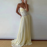 KYLETHOMASW  -  Elegant Pure Color Chiffon Dress Sexy Lace Spliced Mesh Pleated Evening Dress Fashion Hollow Out Sleeveless Halter Banquet Dress