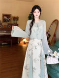KYLETHOMASW  -  Women's Chinese Style 2-Piece Floral Dress Set Sheer Cardigan Maxi Dress