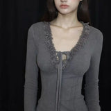 KYLETHOMASW  -  Y2k Clothes Ruffles T Shirt for Women Solid V Neck Fleece Autumn Winter Ropa De Mujer Japanese Style Retro Short Tees