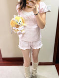 KYLETHOMASW  -  Pink Striped T-Shirt Shorts Set Women Buttons Lace-up Puff Sleeve Top+Ruffles Drawstring Short Pants Cotton Pajama 2 Piece Sets