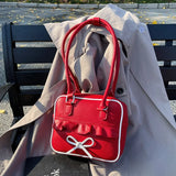 KYLETHOMASW  -  High Street Bow Red Shoulder Bags Women New Versatile Pu Leather Y2k Handbag Female Square Underarm Bag Aesthetic