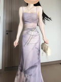 KYLETHOMASW  -  Sweet Purple Butterfly Printed Strap Camisole Dress for Women Summer Sexy Slim Fit Hip Wrapped Fishtail Long Dresses