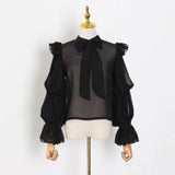 KYLETHOMASW  -  Women Ruffles Shoulder Lantern Sleeve Blouse Pullover Loose Tops Fashion Tie Bow Collar Perspective Shirt