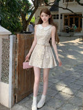 KYLETHOMASW  -  Sweet Floral Mini Dress Women Summer Sleeveless Peter Pan Collar Casual Dresses Kawaii Bow Lace Patchwork Fashion A Line Dress
