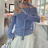 Kylethomasw Vintage Pleated Star Buttons Sexy Long-sleeved T-shirt Women Autumn New Off-shoulder Contrast Color Striped Casual Tops