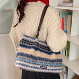 KYLETHOMASW  -  Y2k Aesthetic Contrast Color Striped Handbags Women Fashion Fluffy All Match Shoulder Bags Korean Chic Office Lady Underarm Bag