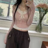 Kylethomasw Sweet Pink Korean Style Slim-fit Knitted Tops Coquette Contrast Color Patchwork Cropped Top Aesthetic Long Sleeve Tops