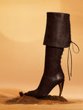 KYLETHOMASW  -  Women White Fold‑Over Knee High Boots Pointed Toe Curved Heel Back Lace‑Up Tie Design Western Style Elegant Fashion Boots